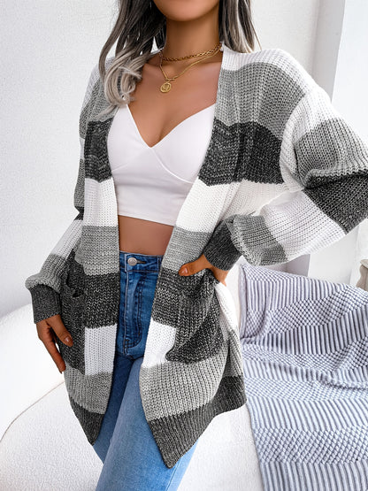 Striped Colorblock V-neck Cardigans, Casual Loose Drop Shoulder Long Sleeve Fall Winter Knit Cardigan, Women's Clothing