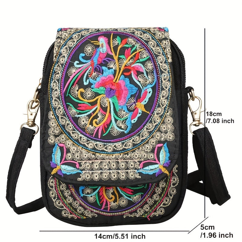 [Embroidered Crossbody] Lightweight Crossbody Bag | Women's Embroidered Mini Shoulder Bag with Detachable Strap - Floral Geometric Embroidery Design, Zipper Closure, Compact, Polyester Lined Interior (Navy/Purple/Red/Black)
