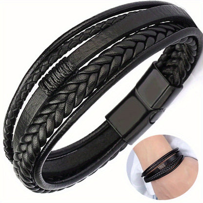 1pc Men's Hand-Woven Multi-Layer Leather Bracelet with Buckle Closure - Stylish Faux Leather Cuff, Durable & Versatile Accessory for Casual or Formal Wear