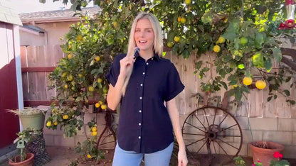 [Casual Shirt] Casual Summer Women's Short Sleeve V-Neck Button-Up Shirt with Pockets - Light Gray | Vacation Clothing, Glossy Texture