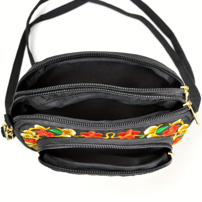 Vibrant Floral Embroidered Crossbody Bag for Women - Lightweight, Double-Sided Design with Detachable Strap, Zipper Closure, and Phone Pocket - Perfect for Casual Outings, Travel Accessory | Vibrant Pattern Bag | Coin Purse